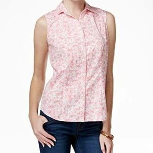NWT Charter Club Pink and White Sleeveless Button Down Shirt